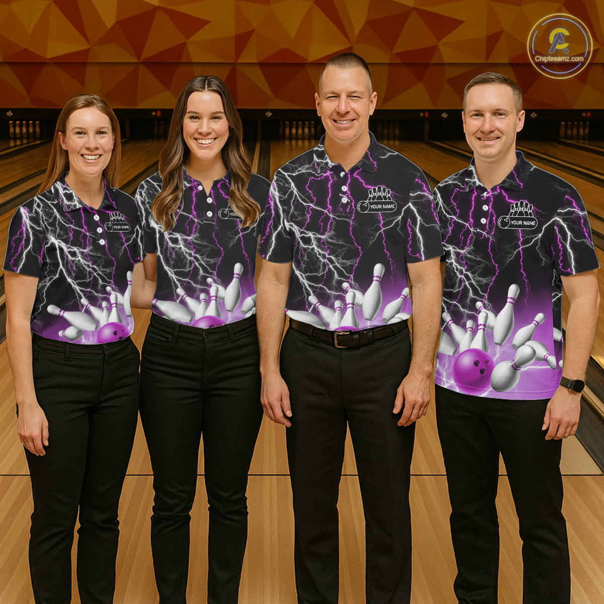 Women's bowling Polo, Quarter Zip shirts Custom Purple lightning thunder team bowling league jerseys NQS11263