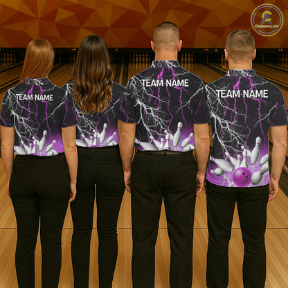 Women's bowling Polo, Quarter Zip shirts Custom Purple lightning thunder team bowling league jerseys NQS11263