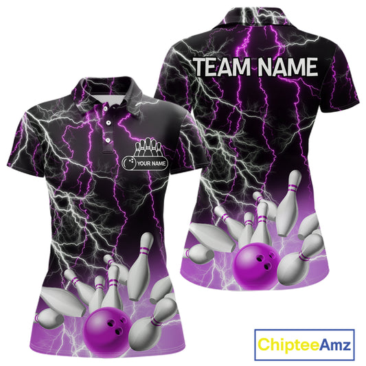 Women's bowling Polo, Quarter Zip shirts Custom Purple lightning thunder team bowling league jerseys NQS11263