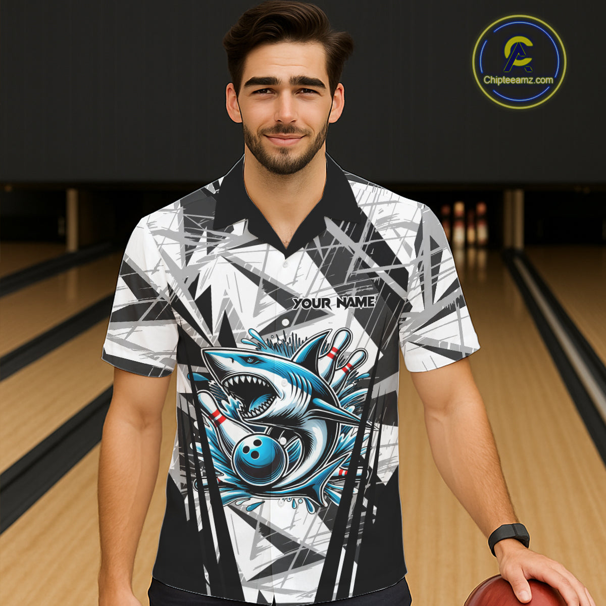 Black and White Camo Shark Bowling Team Hawaiian shirts Custom Shark Bowling button up Shirt NQS11471