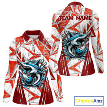 Load image into Gallery viewer, Red and White Camo Shark Bowling Team Shirt For Women Custom Shark Bowling Polo, Quarter Zip Shirt NQS11472