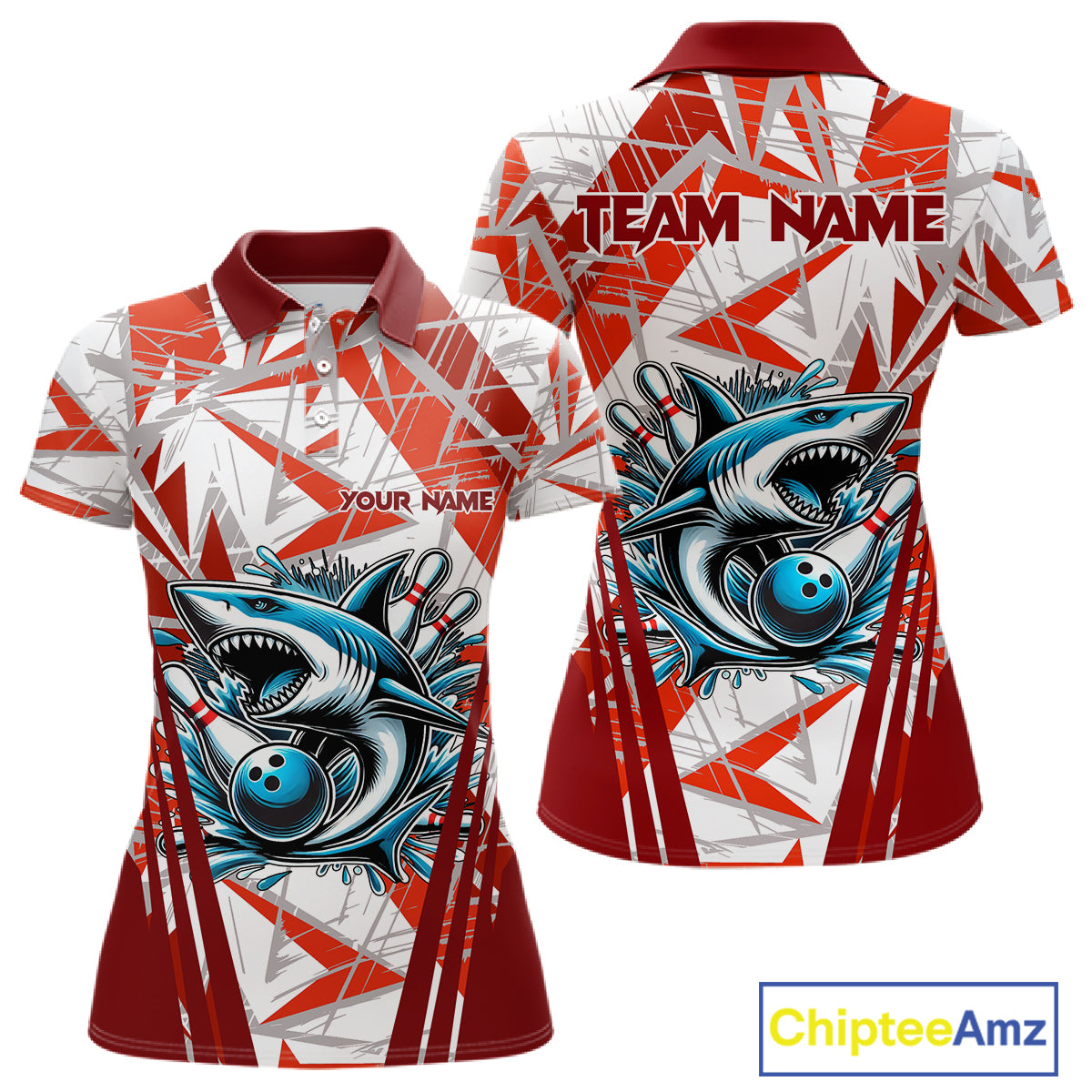 Red and White Camo Shark Bowling Team Shirt For Women Custom Shark Bowling Polo, Quarter Zip Shirt NQS11472