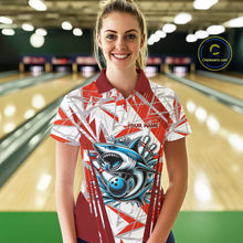 Load image into Gallery viewer, Red and White Camo Shark Bowling Team Shirt For Women Custom Shark Bowling Polo, Quarter Zip Shirt NQS11472