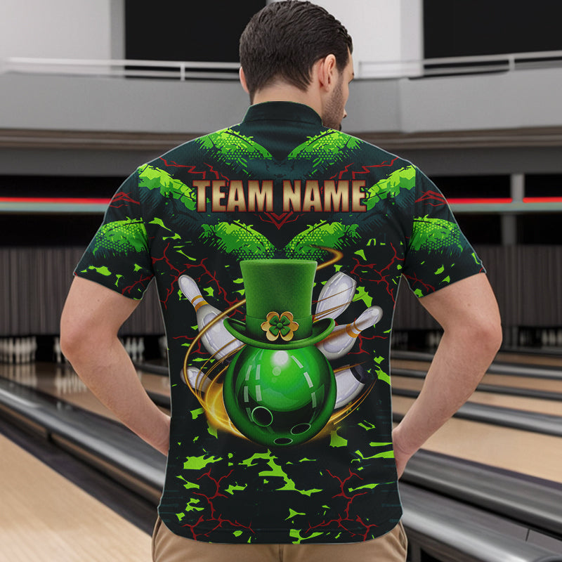 Personalized Green Camo Bowling Polo, 1/4 Zip shirts for Men custom St Patrick Day Bowling Team Jersey NQS9547