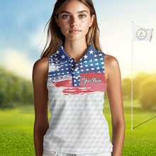 Load image into Gallery viewer, Personalized Red, White and Blue American Flag Women sleeveless polo shirt, patriotic ladies golf tops NQS9550