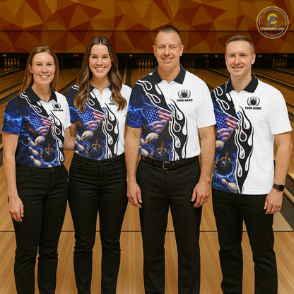 Blue Lightning Thunder American Flag Eagle Bowling shirt for Men Custom Patriotic Team bowling Jersey NQS11658