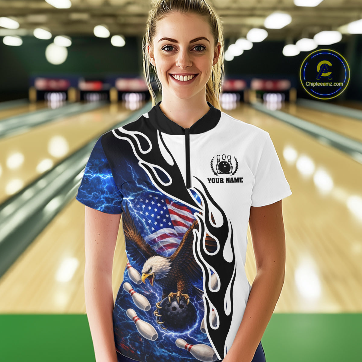 Blue Lightning Thunder American Flag Eagle Women Bowling shirts Custom Patriotic Team bowling Jersey NQS11658