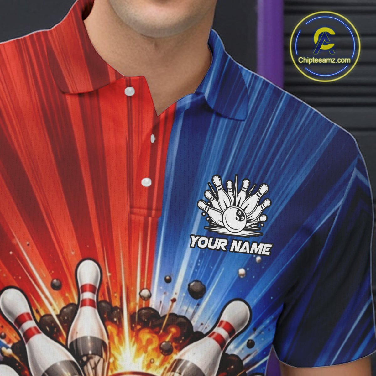 Funny Bowling Boom Polo, 1/4 Zip Shirt For Men Custom Red, White and Blue Team Bowler Jerseys NQS11660