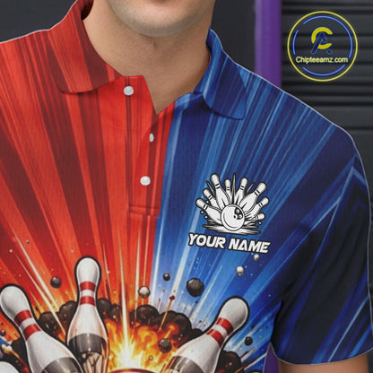 Funny Bowling Boom Polo, 1/4 Zip Shirt For Men Custom Red, White and Blue Team Bowler Jerseys NQS11660