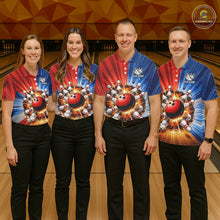 Load image into Gallery viewer, Funny Bowling Boom Polo, 1/4 Zip Shirt For Women Custom Red, White and Blue Team Bowler Jerseys NQS11660