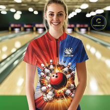 Load image into Gallery viewer, Funny Bowling Boom Polo, 1/4 Zip Shirt For Women Custom Red, White and Blue Team Bowler Jerseys NQS11660