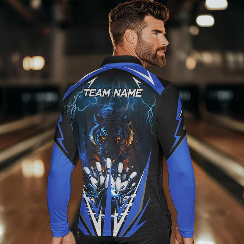 Blue Lightning Thunder Tiger Mens Bowling Polo, Quarter Zip Shirts Custom Bowler Jersey bowling outfit NQS9706
