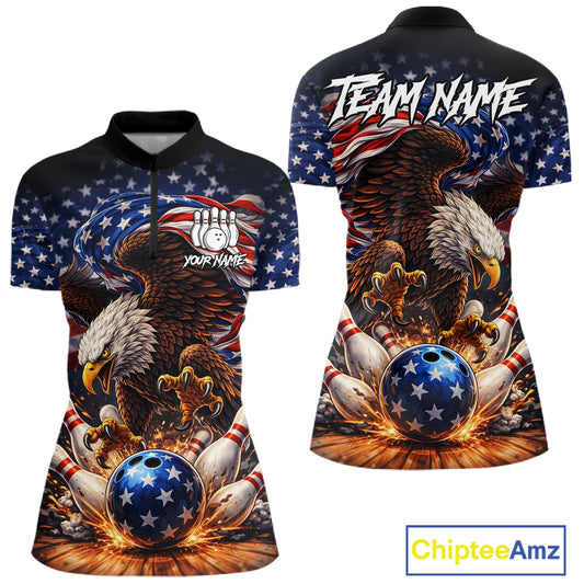 American Flag Flame Eagle Bowling Polo, 1/4 Zip Shirts For Women Custom Patriotic Bowling Team Jersey NQS11748