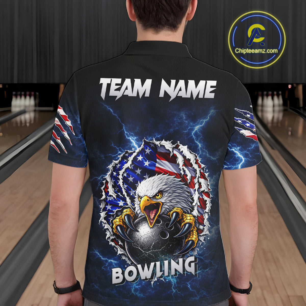 Blue Lightning Thunder US Flag Eagle Bowling Shirts For Men Custom Patriotic Bowling Team Jerseys NQS11749