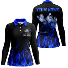 Load image into Gallery viewer, Blue personalized bowling shirt for women – custom name design side view
