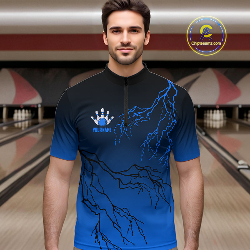 Black and Blue gradient Lightning thunder storm Bowling shirts for Men Custom Bowling Team Jerseys NQS10135