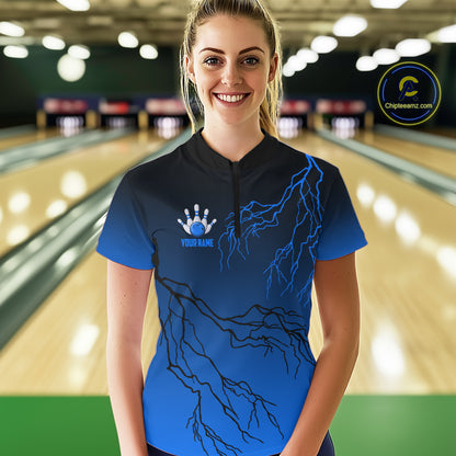Black and Blue gradient Lightning thunder storm Bowling shirts for Women Custom Bowling Team Jerseys NQS10135