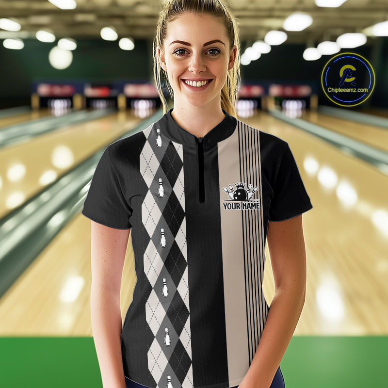 Retro Black argyle pattern Bowling shirts For Women custom bowling team jerseys Bowler Outfits NQS10276