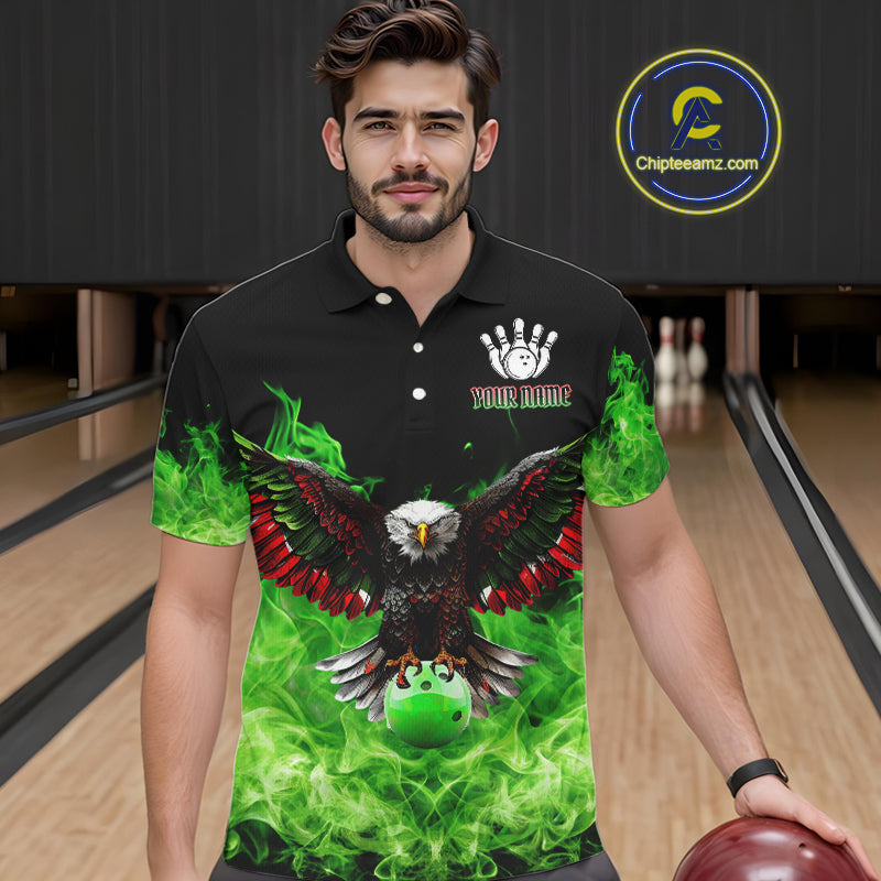Green Flame Smoke American Flag Eagle Skull Mens Bowling Shirts Custom Patriotic Bowling Team Jersey NQS10278