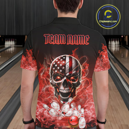 Red Flame Smoke American Flag Eagle Skull Mens Bowling Shirts Custom Patriotic Bowling Team Jersey NQS10279