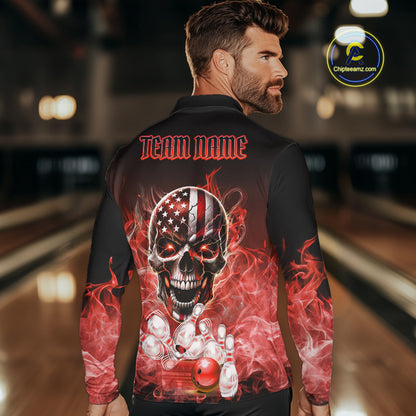 Red Flame Smoke American Flag Eagle Skull Mens Bowling Shirts Custom Patriotic Bowling Team Jersey NQS10279