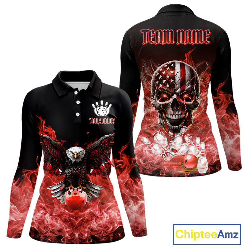 Red Flame Smoke American Flag Eagle Skull Women Bowling Shirts Custom Patriotic Bowling Team Jersey NQS10279