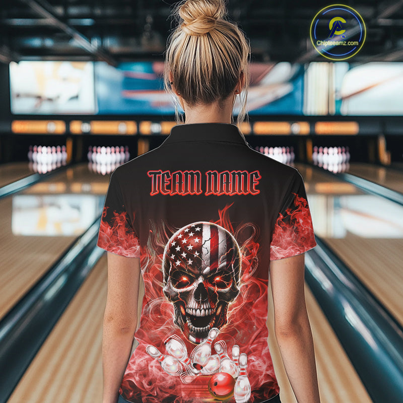 Red Flame Smoke American Flag Eagle Skull Women Bowling Shirts Custom Patriotic Bowling Team Jersey NQS10279