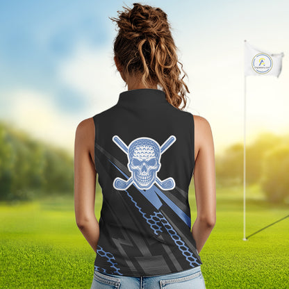 Black and Blue Skull Sleeveless Golf polo shirts Custom Ladies golf tops, Personalized golf gifts NQS10467