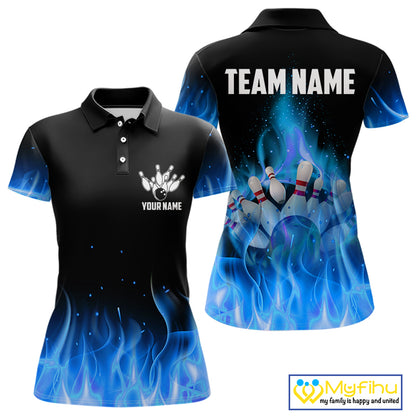 Personalized Women Bowling Shirt Blue flame Bowling Ball Pins Team bowling jerseys for ladies Bowler NQS10471