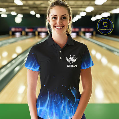 Personalized Women Bowling Shirt Blue flame Bowling Ball Pins Team bowling jerseys for ladies Bowler NQS10471