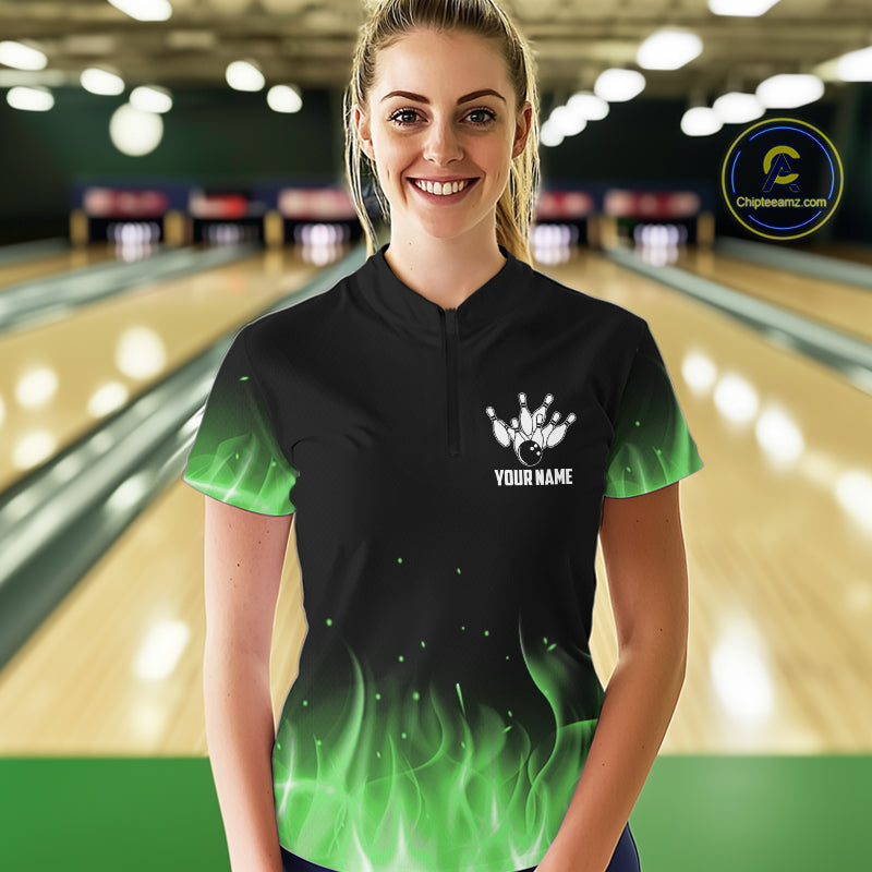 Personalized Women Bowling Shirt Green flame Bowling Ball Pins Team bowling jerseys for ladies Bowler NQS10472