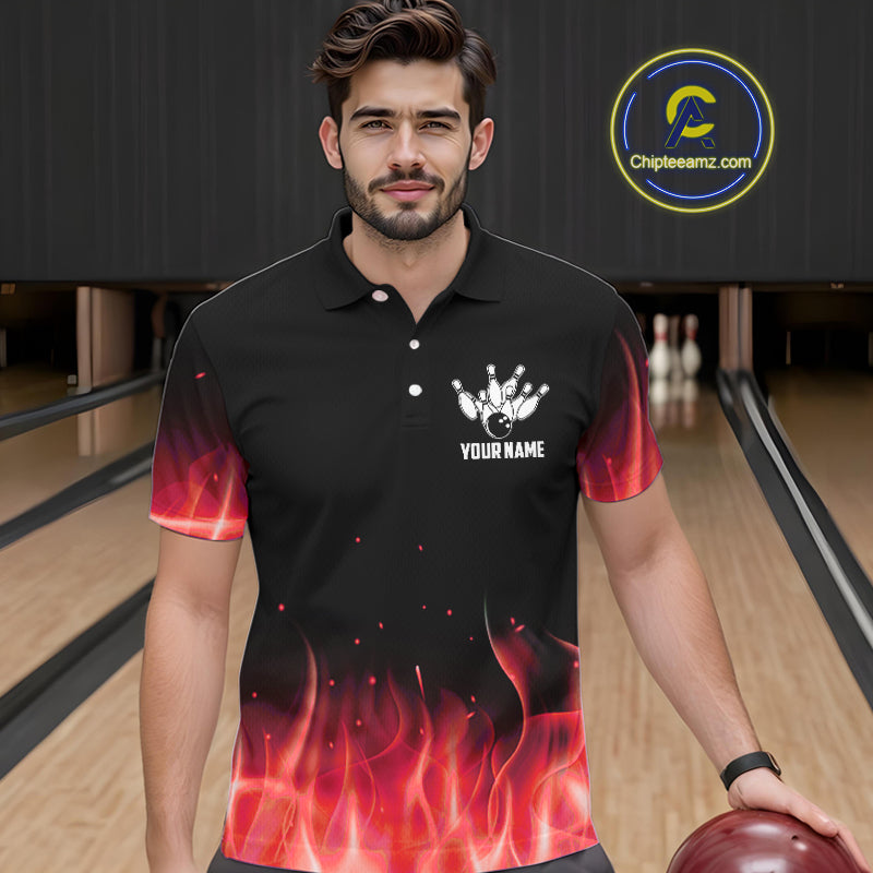 Personalized Mens Bowling Shirt Red flame Bowling Ball and Pins Team bowling jerseys for men Bowler NQS10473