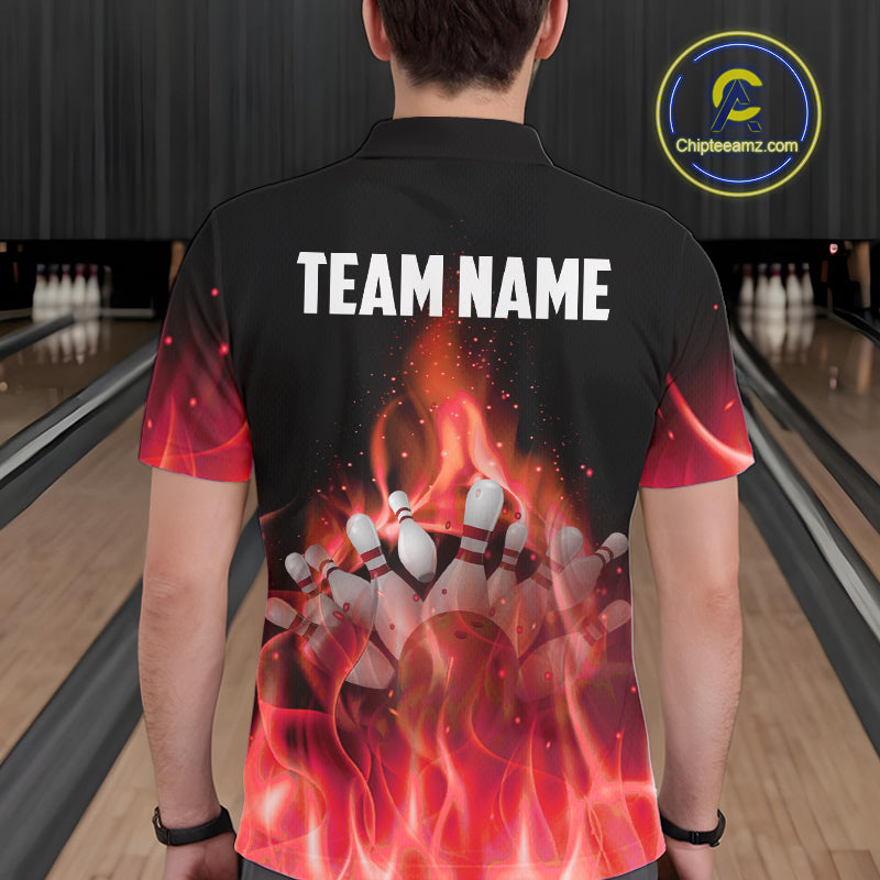 Personalized Mens Bowling Shirt Red flame Bowling Ball and Pins Team bowling jerseys for men Bowler NQS10473