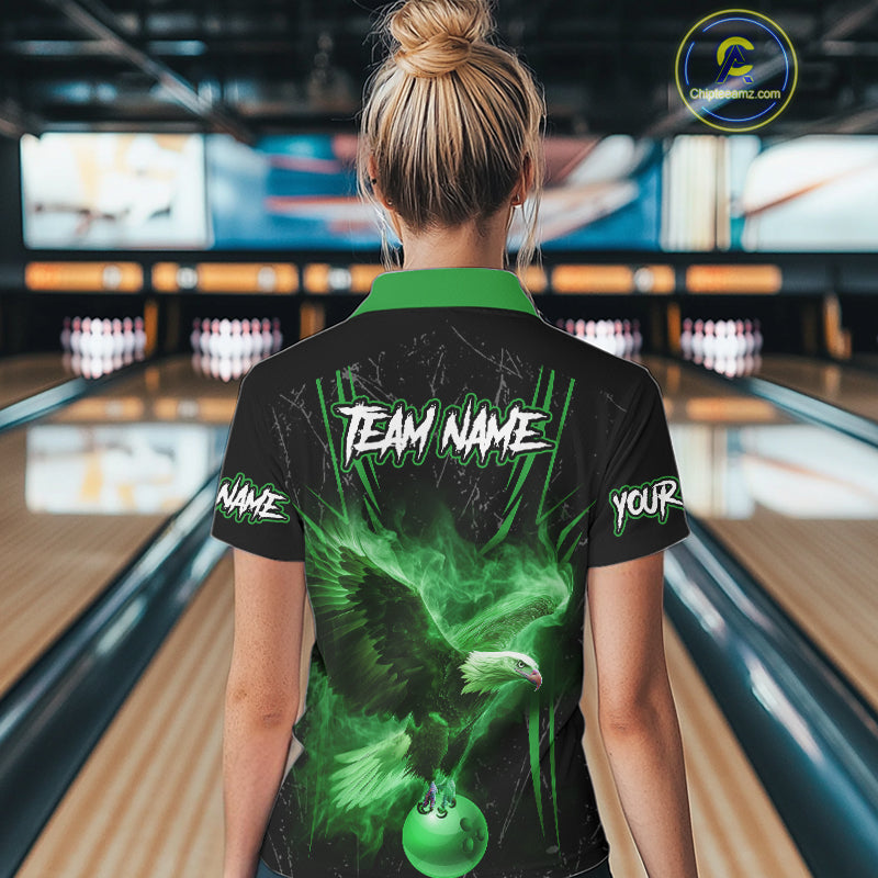 Black and Green Flame Eagle Bowling Shirt For Women Custom Team Name Bowling Jerseys For Bowlers NQS10675
