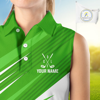 Green and white Sleeveless Golf Polo Shirt custom golf tops for ladies, personalized golf gifts NQS11272