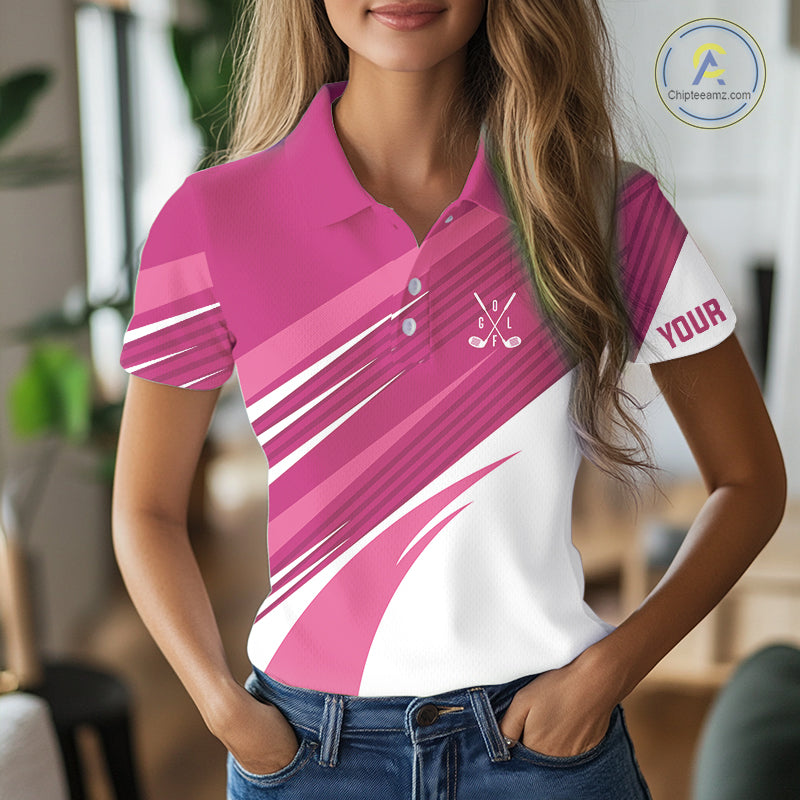 Pink and white Womens golf polo shirts custom golf tops for ladies, personalized golf gifts NQS11273