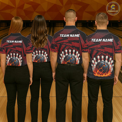 Black and Red pattern Flame Bowling Polo, 1/4 zip shirts For Women Custom Team Bowling Jerseys NQS11277