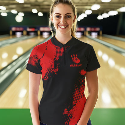 Black and Red Retro Women Bowling Polo, Quarter Zip shirts Custom team bowling jerseys ladies outfit NQS9394