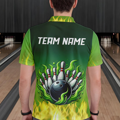 Personalized Yellow Green Flame Bowling Polo, Quarter Zip Shirts For Men Custom Team Bowling Jersey NQS9559
