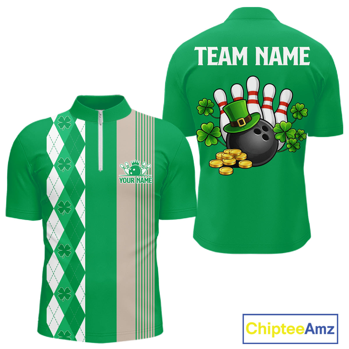 Retro Green argyle pattern shamrock Bowling shirts For Men custom St Patrick Day bowling team jersey NQS11667