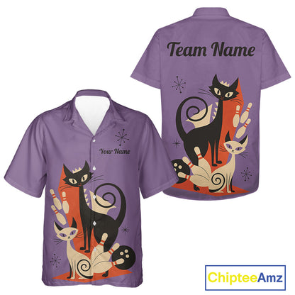 Custom retro bowling Hawaiian shirts Cat Bowling jersey Team Bowling button up Shirt | Purple NQS11668