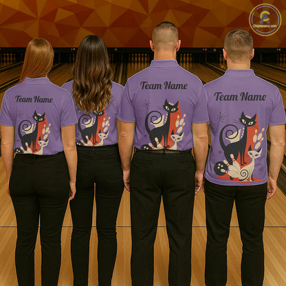 Custom retro bowling shirts Cat Bowling jersey for men Team Bowling Polo, 1/4 Zip Shirts | Purple NQS11668