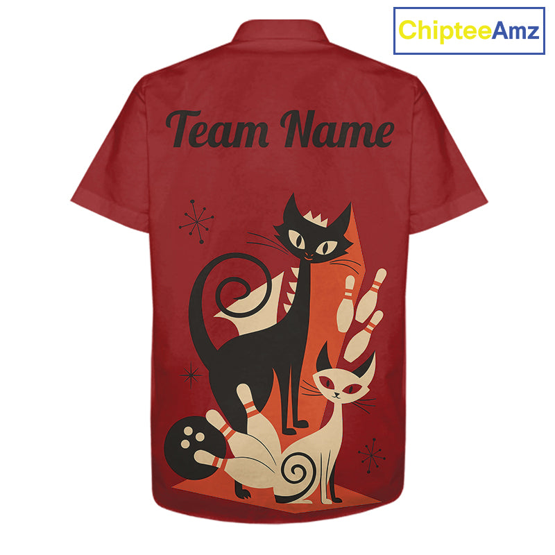 Custom retro bowling Hawaiian shirts Cat Bowling jersey Team Bowling button up Shirt  | Red NQS11669
