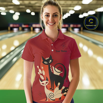 Custom retro bowling shirts Cats Bowling jersey for Women Team Bowling Polo, 1/4 Zip Shirts | Red NQS11669