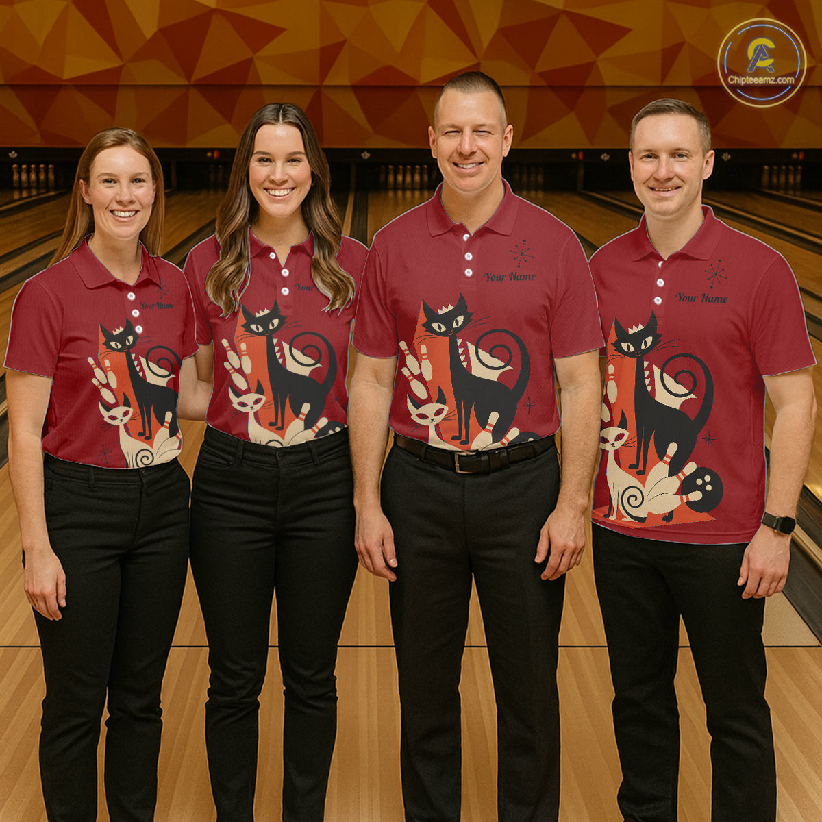 Custom retro bowling shirts Cats Bowling jersey for Women Team Bowling Polo, 1/4 Zip Shirts | Red NQS11669