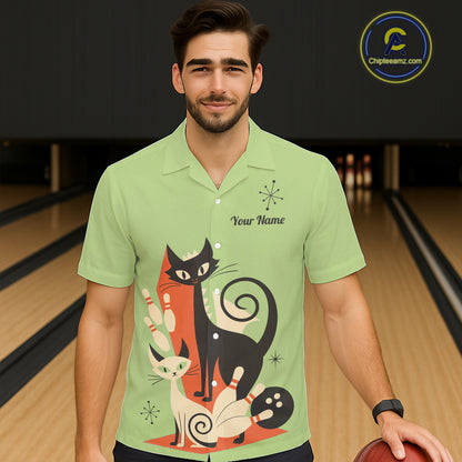 Custom retro bowling Hawaiian shirts Cat Bowling jersey Team Bowling button up Shirt | Green NQS11670