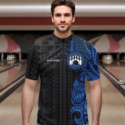 Black and Blue Tribal pattern Mens Bowling Shirts Custom Bowling outfit men Team bowling league jersey NQS9713