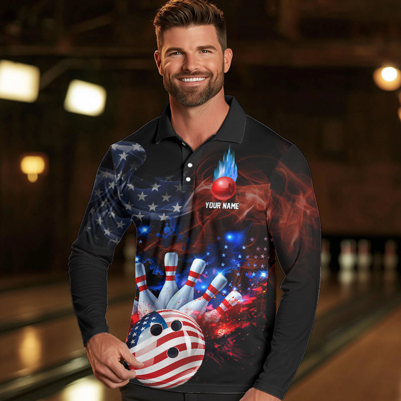Personalized Smoke American Flag Bowling Team Shirts For Men Custom Patriotic Bowling Gifts For Bowler NQS9717