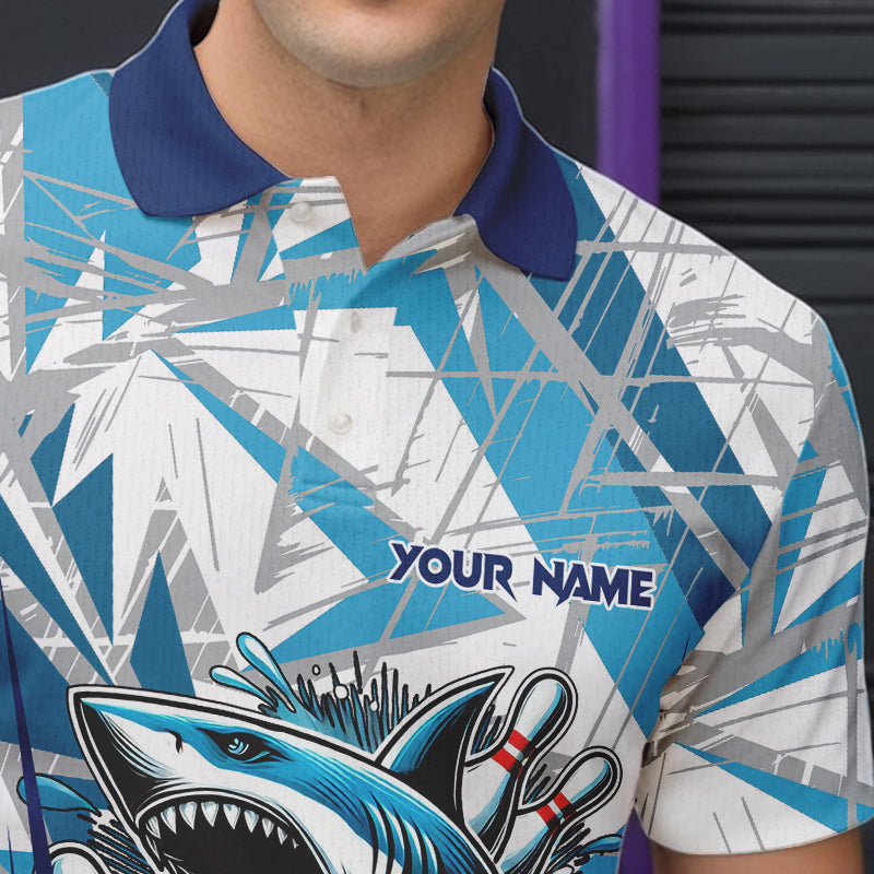 Personalized Blue Camo Shark Bowling Team Shirts For Men Custom Shark Bowling Polo, Quarter Zip Shirt NQS9719