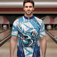 Load image into Gallery viewer, Personalized Blue Camo Shark Bowling Team Shirts For Men Custom Shark Bowling Polo, Quarter Zip Shirt NQS9719
